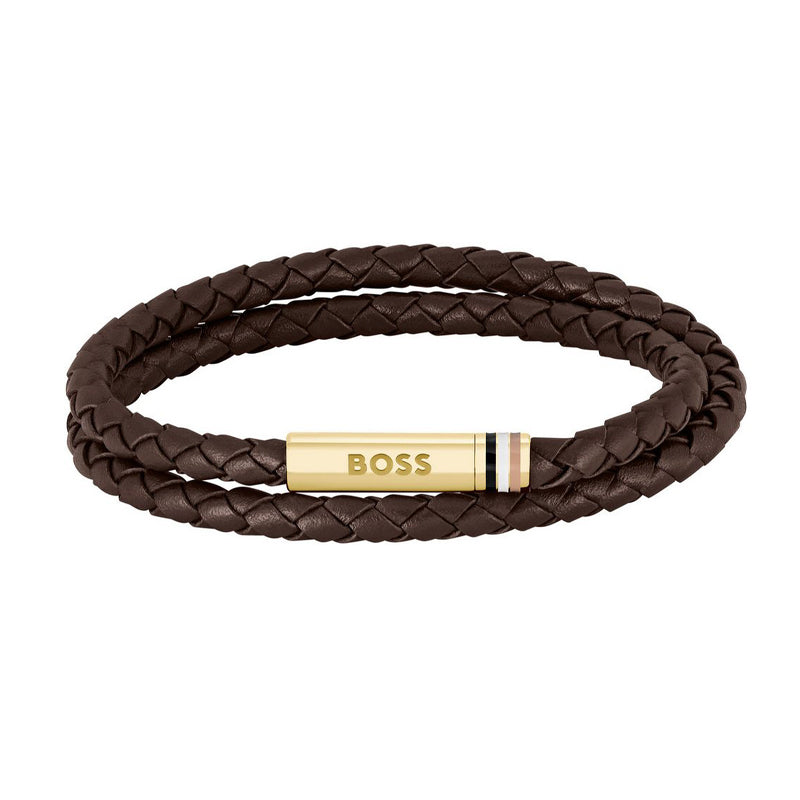 Hugo Boss Jewellery Men&#39;s Ares Brown Leather &amp; Gold Plated Steel Bracelet 1580670M