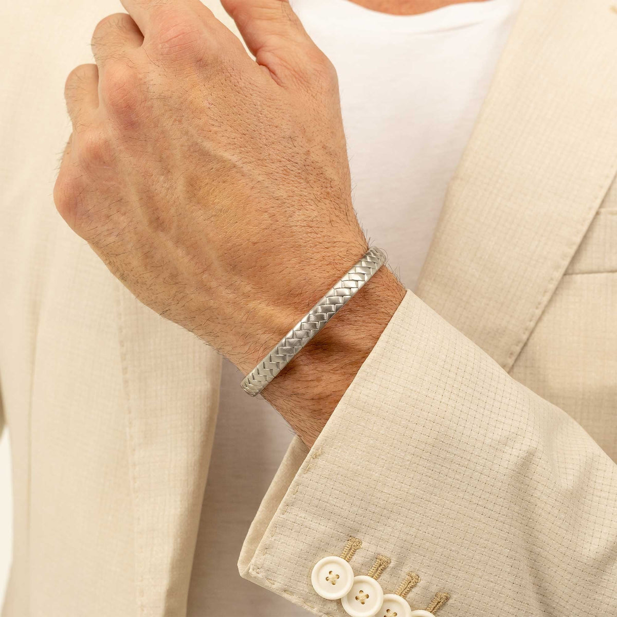 Hugo Boss Jewellery Men&#39;s Silver-Tone Cuff with Herringbone Pattern