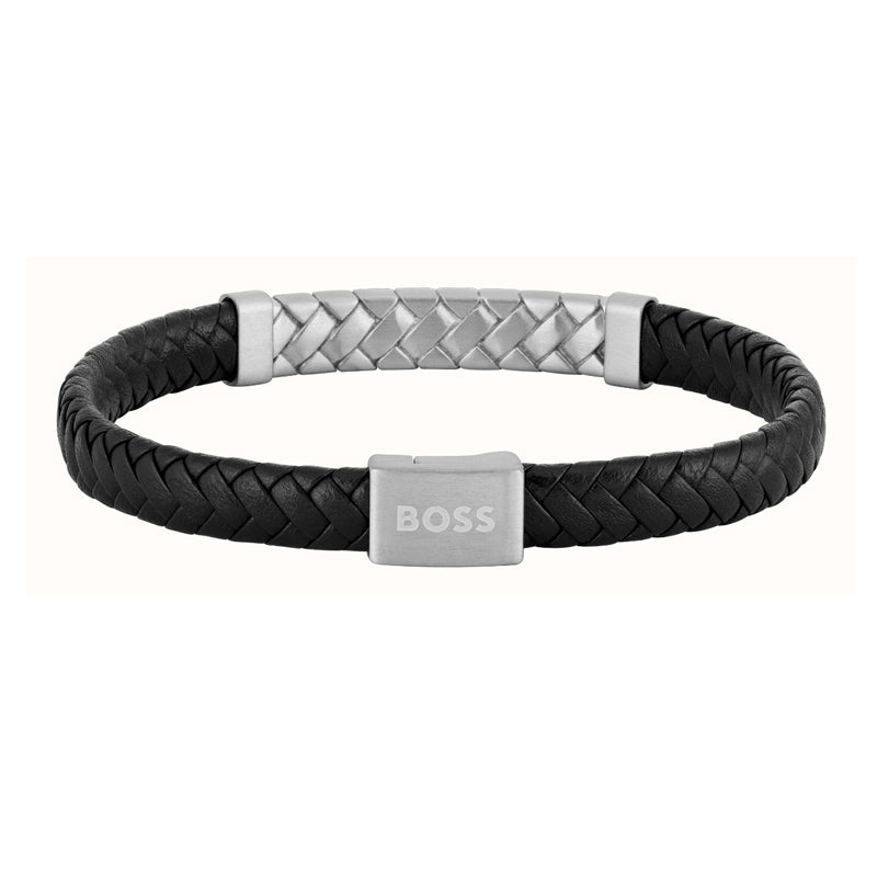 Hugo Boss Jewellery Men&#39;s Tailored Black Leather &amp; Steel Bracelet 1580674M