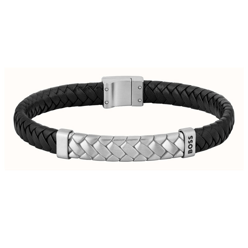 Hugo Boss Jewellery Men&#39;s Tailored Black Leather &amp; Steel Bracelet 1580674M