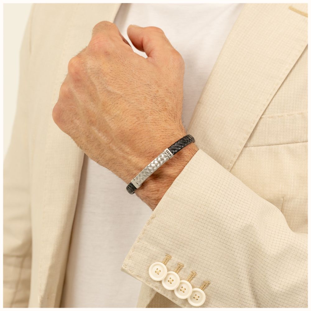 Hugo Boss Jewellery Men&#39;s Tailored Black Leather &amp; Steel Bracelet 1580674M