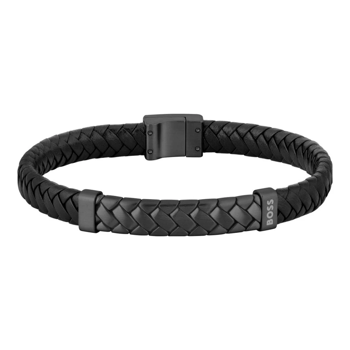 Hugo Boss Jewellery Men&#39;s Tailored Black Leather &amp; Steel Bracelet 1580676M