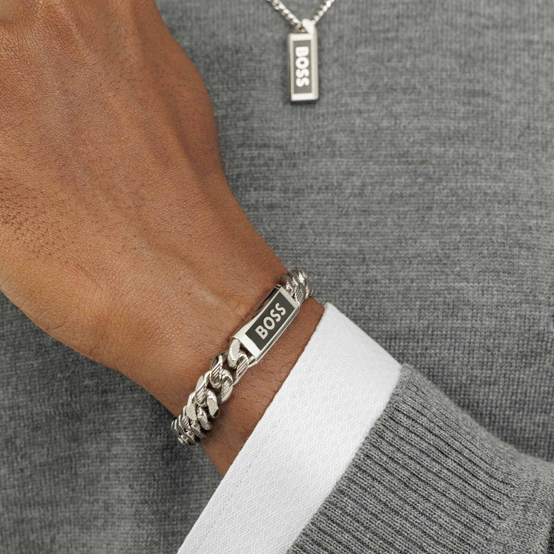 Hugo Boss Jewellery Men&#39;s Kassy Stainless Steel &amp; Black Enamel Bracelet 1580679M