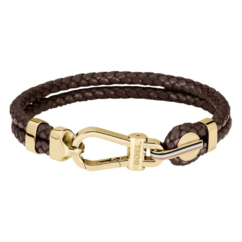 Hugo Boss Jewellery Men&#39;s Ares Prime Bracelet Brown Leather &amp; Gold Steel 1580700M