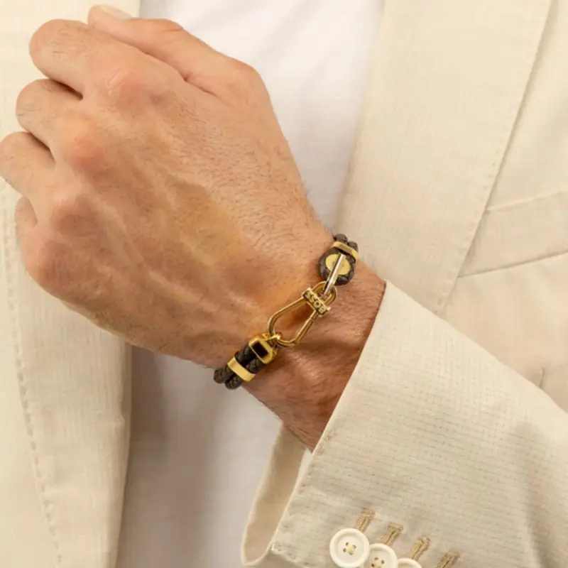 Hugo Boss Jewellery Men&#39;s Ares Prime Bracelet Brown Leather &amp; Gold Steel 1580700M