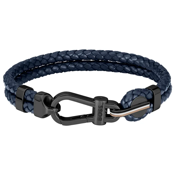 Hugo Boss Jewellery Men&#39;s Ares Blue Leather &amp; Black Steel Bracelet 1580701M
