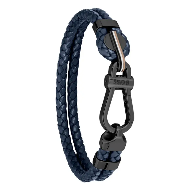 Hugo Boss Jewellery Men&#39;s Ares Blue Leather &amp; Black Steel Bracelet 1580701M