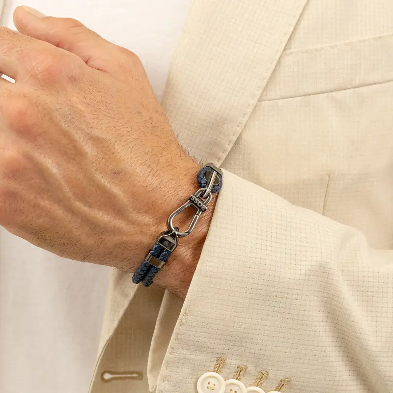 Hugo Boss Jewellery Men&#39;s Ares Blue Leather &amp; Black Steel Bracelet 1580701M