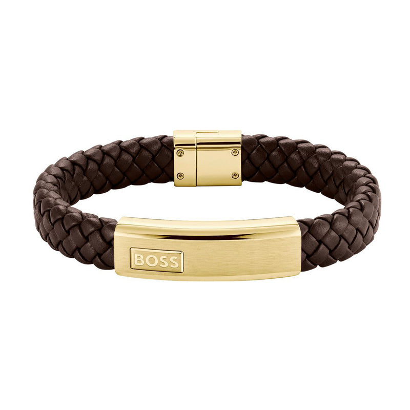 Hugo Boss Jewellery Men&#39;s Lander Brown Leather &amp; Gold Steel Bracelet 1580746M