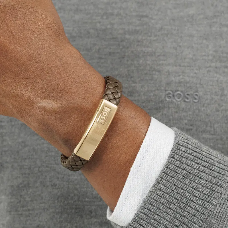 Hugo Boss Jewellery Men&#39;s Lander Brown Leather &amp; Gold Steel Bracelet 1580746M