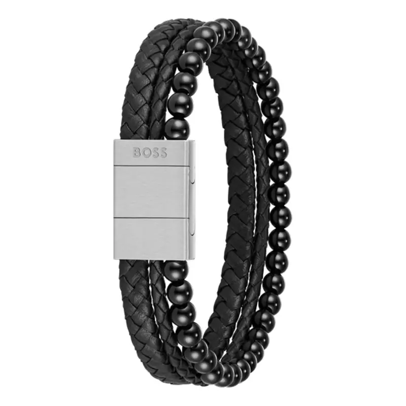Hugo Boss Jewellery Men&#39;s Cuff with Tiger Beads and Braided Black leather