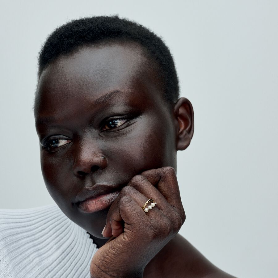 Pandora Treated Freshwater Cultured Pearl &amp; Organically Shaped Double Band Ring