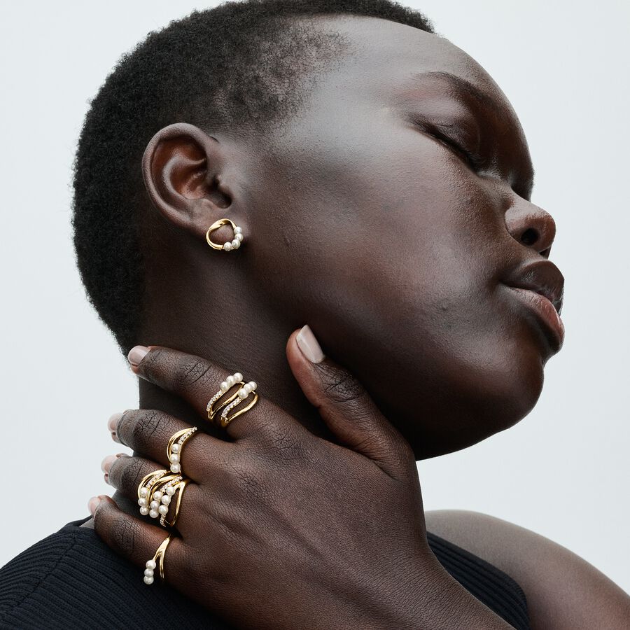 Pandora Treated Freshwater Cultured Pearl &amp; Organically Shaped Double Band Ring