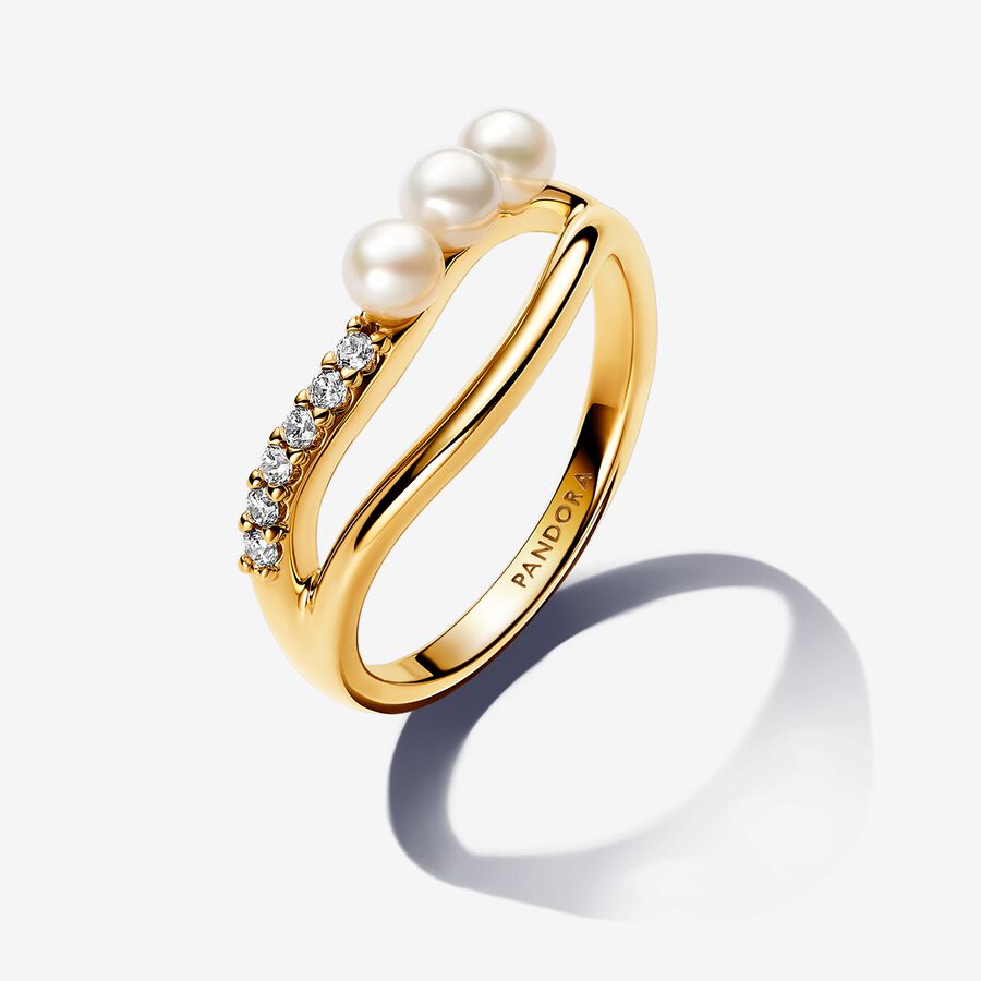 Pandora Treated Freshwater Cultured Pearl &amp; Organically Shaped Double Band Ring
