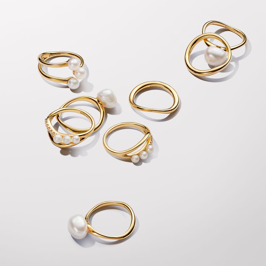 Pandora Treated Freshwater Cultured Pearl &amp; Organically Shaped Double Band Ring