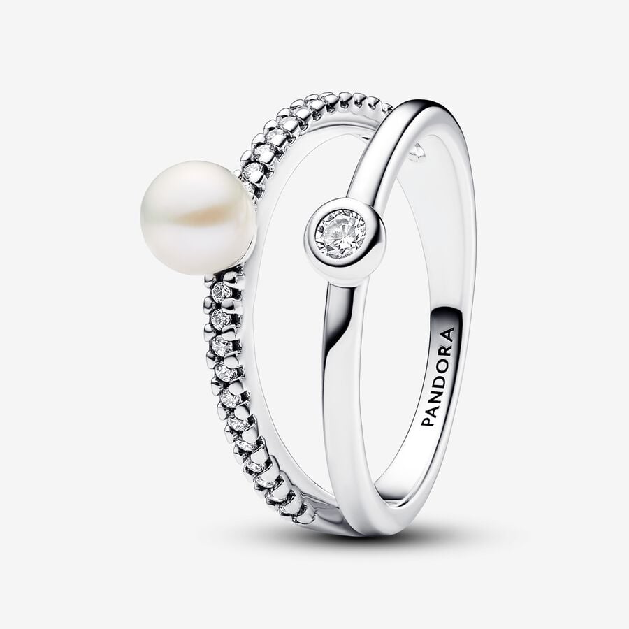 Pandora Treated Freshwater Cultured Pearl &amp; Pave Double Band Ring