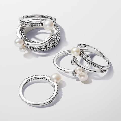 Pandora Treated Freshwater Cultured Pearl & Pave Double Band Ring
