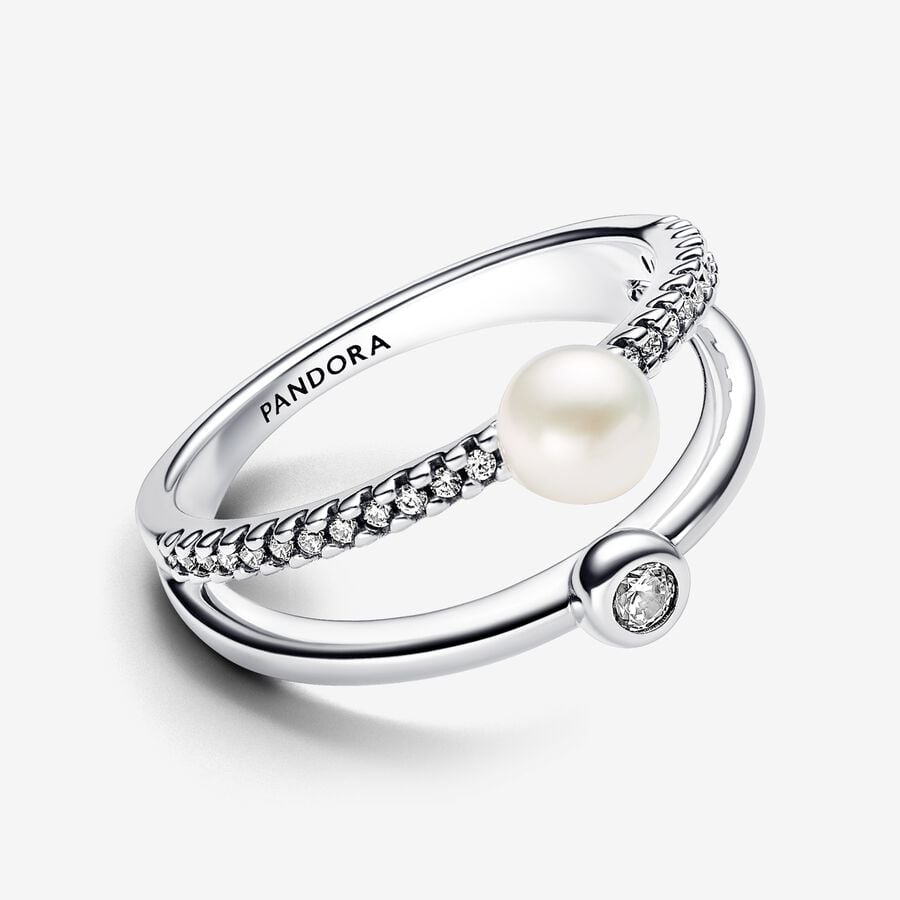 Pandora Treated Freshwater Cultured Pearl &amp; Pave Double Band Ring