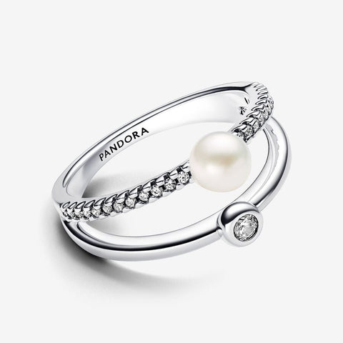 Pandora Treated Freshwater Cultured Pearl & Pave Double Band Ring