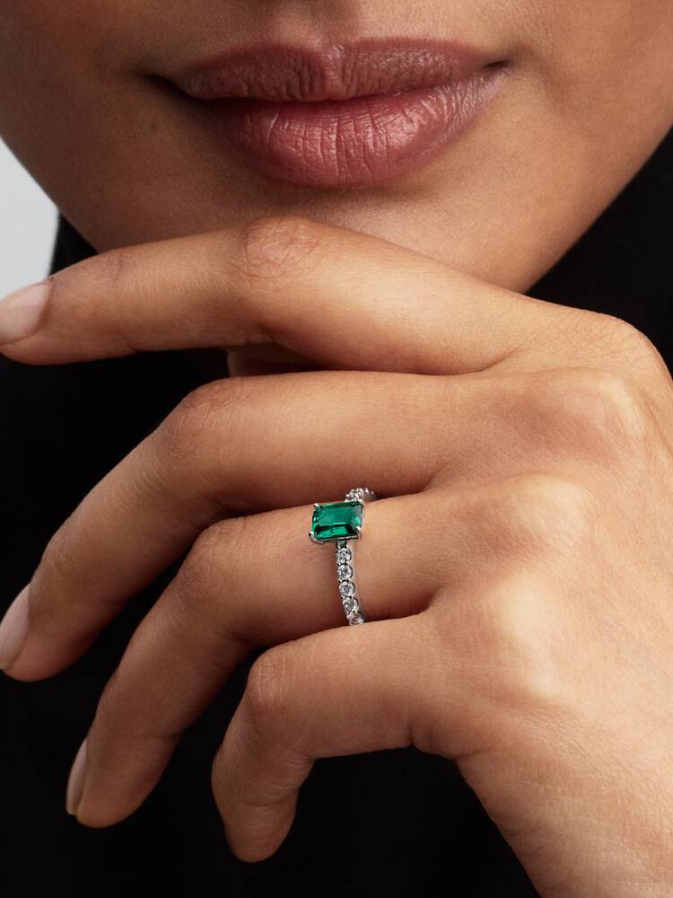 Pandora Rectangular Sparkling Green Halo Ring