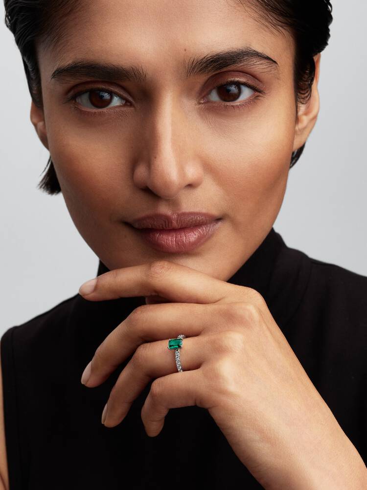 Pandora Rectangular Sparkling Green Halo Ring