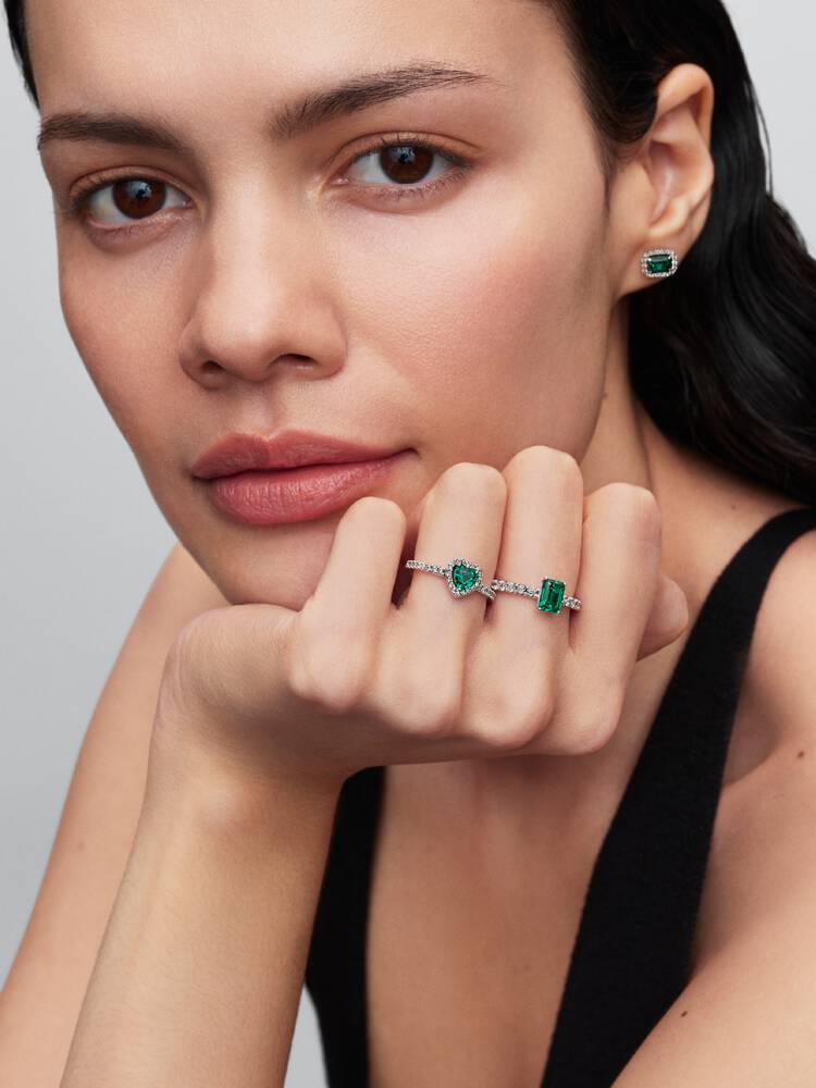 Pandora Rectangular Sparkling Green Halo Ring