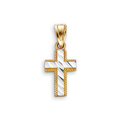 10 Karat White And Yellow Gold Cross Pendant With Milled Edges