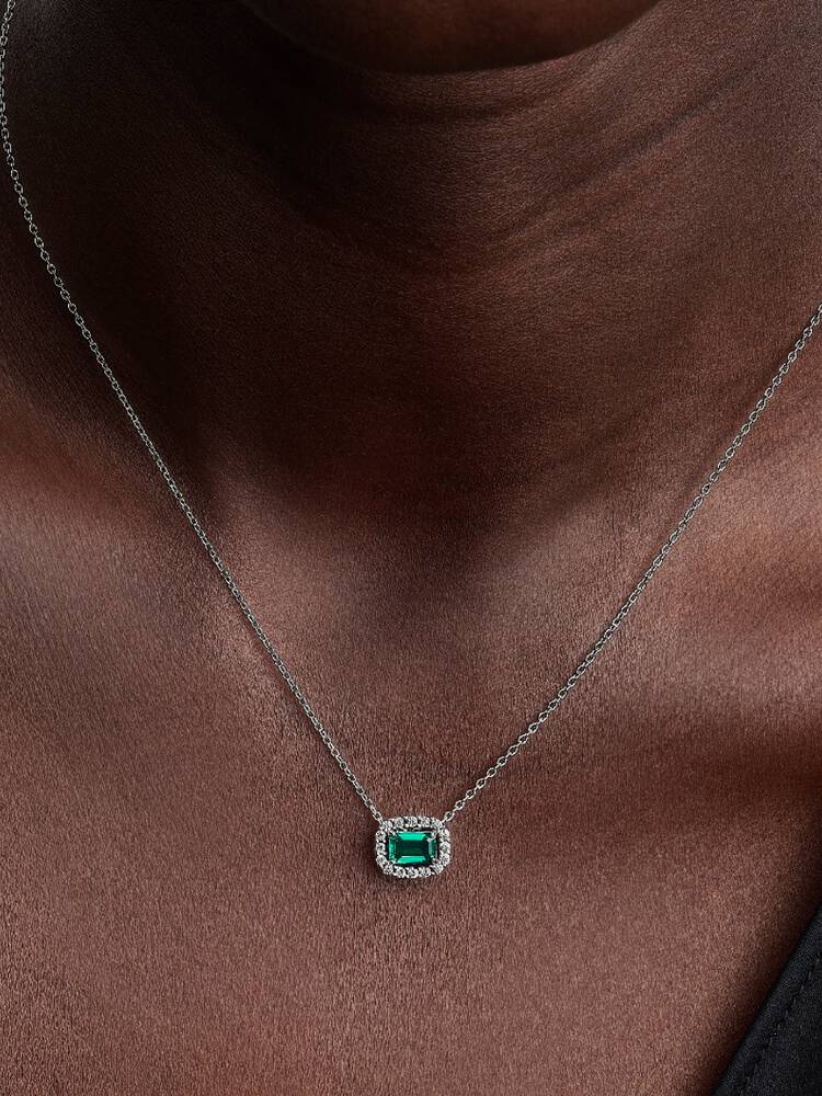 Pandora Rectangular Sparkling Green Halo Pendant Necklace