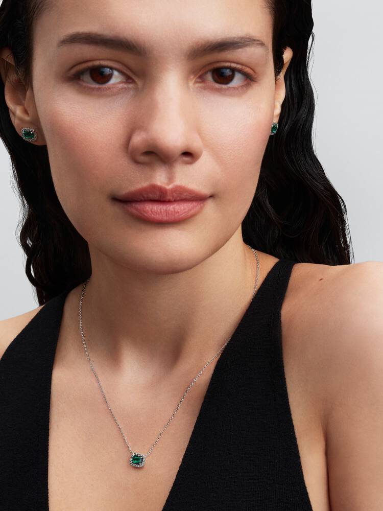Pandora Rectangular Sparkling Green Halo Pendant Necklace
