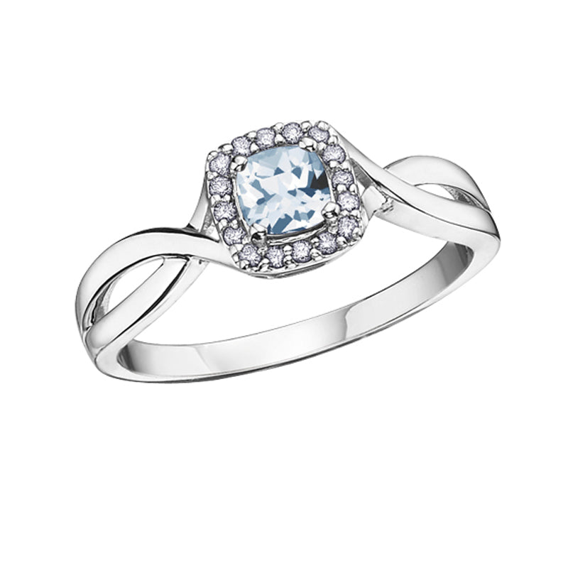 10K White Gold 0.07TDW Halo Diamond &amp; Aquamarine Ring