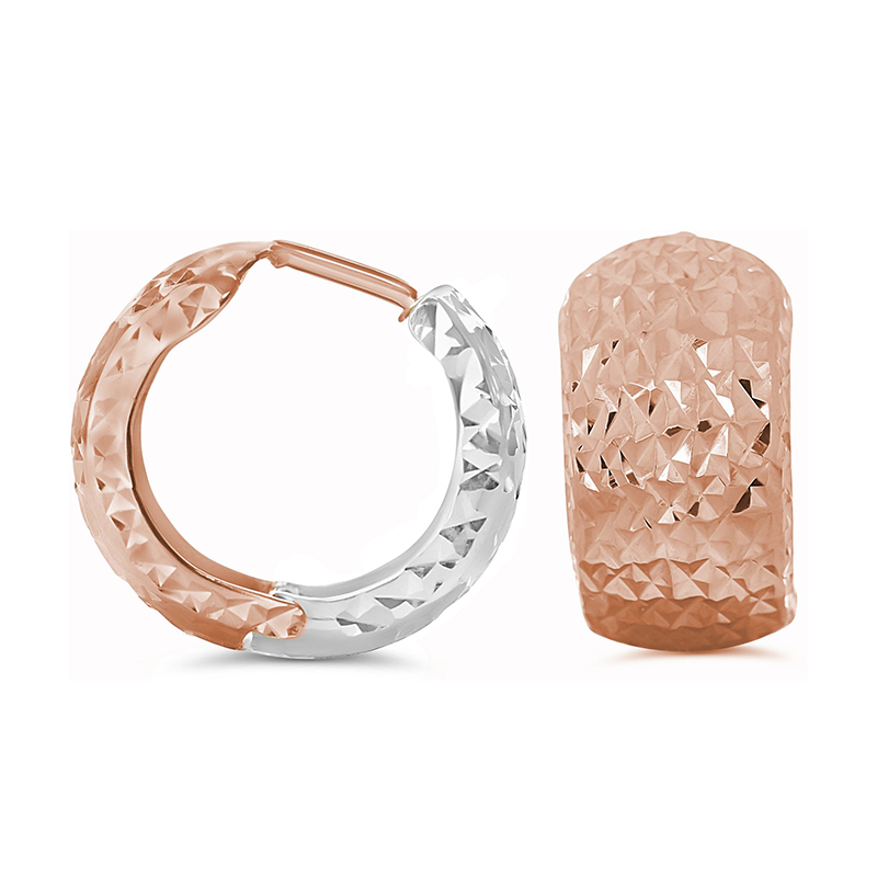 10K Rose &amp; White Gold Broad Fancy Huggies Earrings