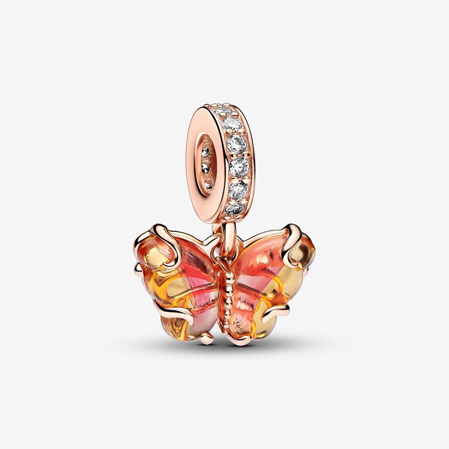 Pandora Pink &amp; Yellow Murano Glass Butterfly Dangle Charm