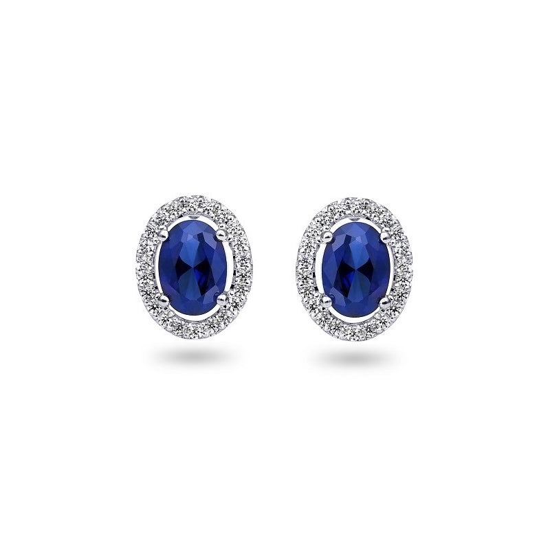 0.21TDW Diamond &amp; 2.5X3MM Oval Sapphire Halo Earrings in 10k White Gold