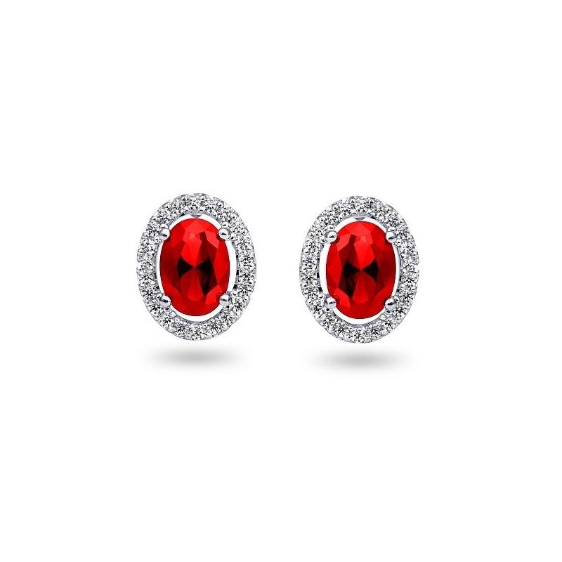 0.21TDW Diamond &amp; 2.5X3MM Oval Ruby Halo Earrings in 10k White Gold