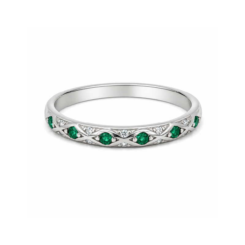 Sterling Silver White Gold Plated CZ Green Ring