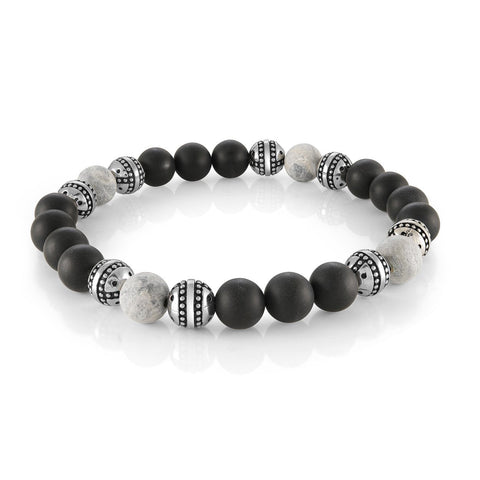 Stainless Steel Beaded Grey Stone & Matte Onyx 8.2