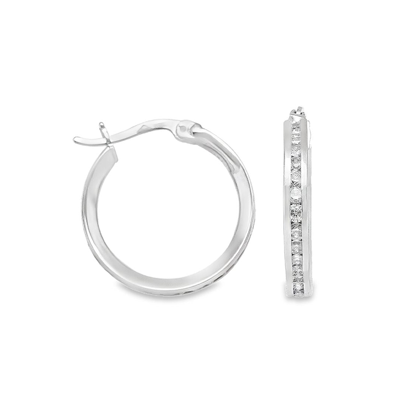 10k White Gold Classic CZ Round Hoop Earrings