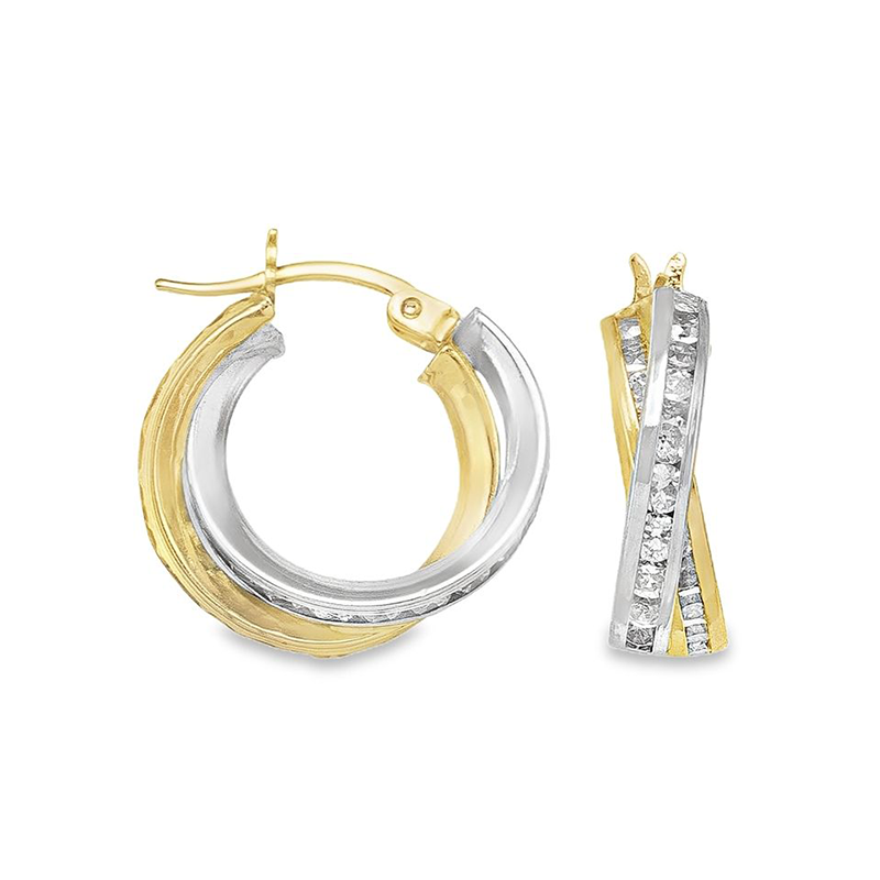 10k Two Tone Gold Fancy CZ Hoop Earrings