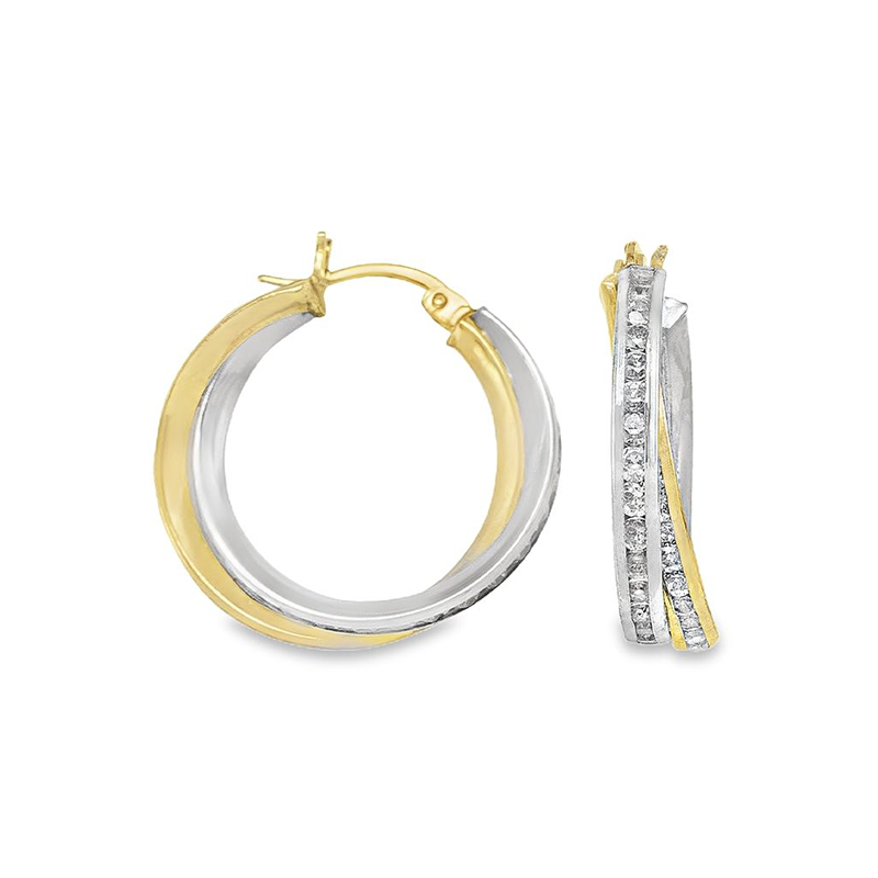 Fancy CZ Hoop Earrings in 10K Yellow and White Gold