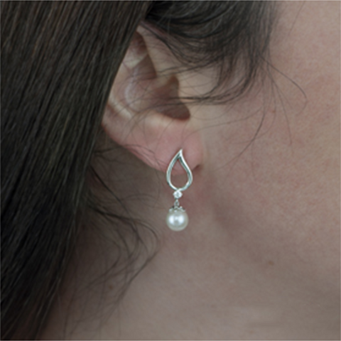 10K White Gold 6.5MM Pearl & 0.08TDW Diamond Dangle Earrings