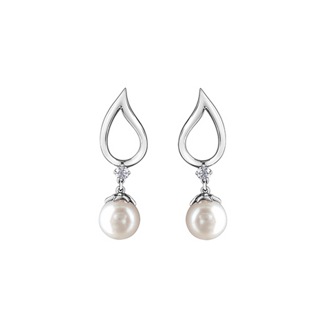 10K White Gold 6.5MM Pearl & 0.08TDW Diamond Dangle Earrings