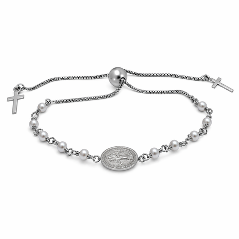 Sterling Silver White Gold Plated Rosary Bracelet
