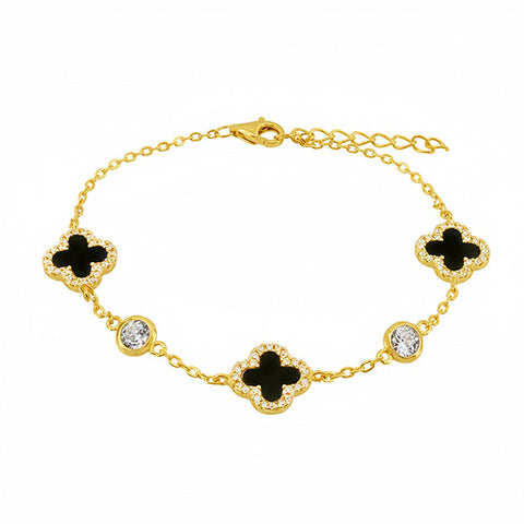 Sterling Silver Gold Plated CZ Onyx Clover Bracelet