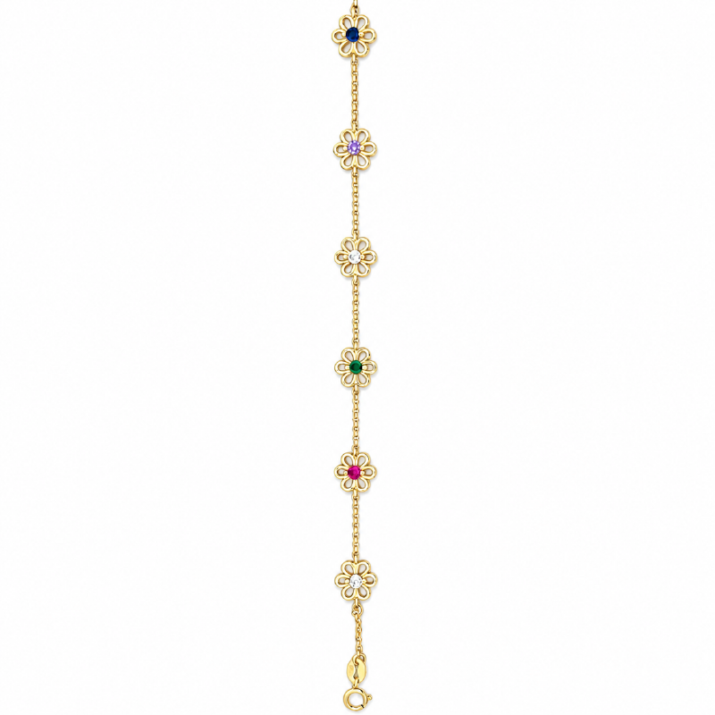 Sterling Silver Yellow Gold Plated CZ Coloured Flower Bracelet