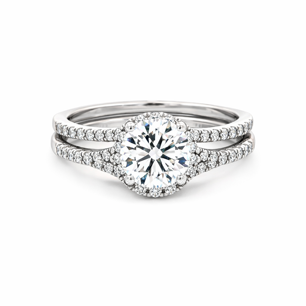1.42 TDW Lab-Grown Diamond Halo Engagement Ring Set with 10K White Gold