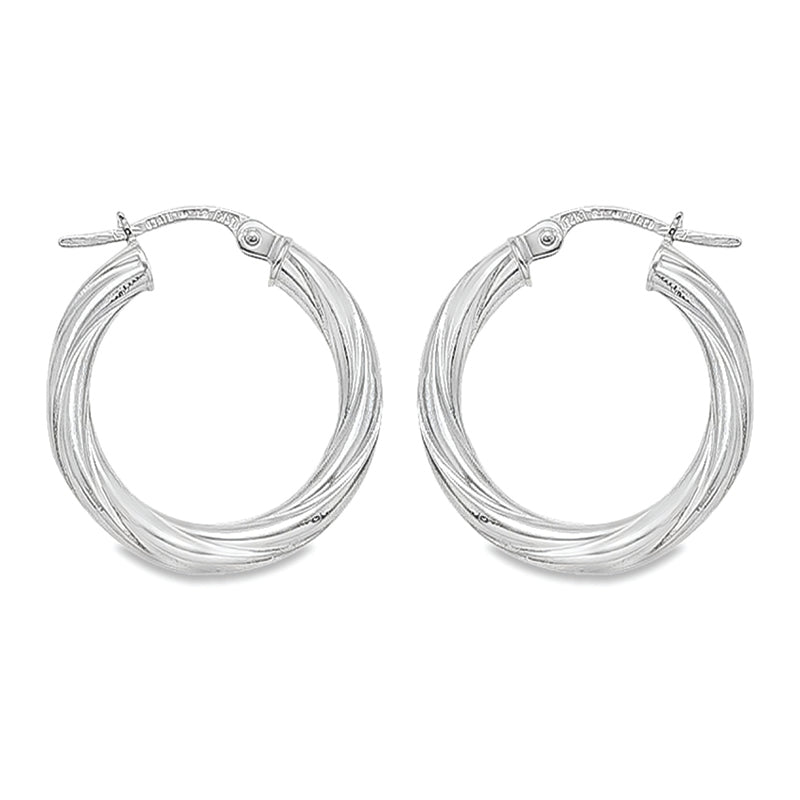 10K, 14K White Gold 3mm Twisted Tube Hoop Earrings
