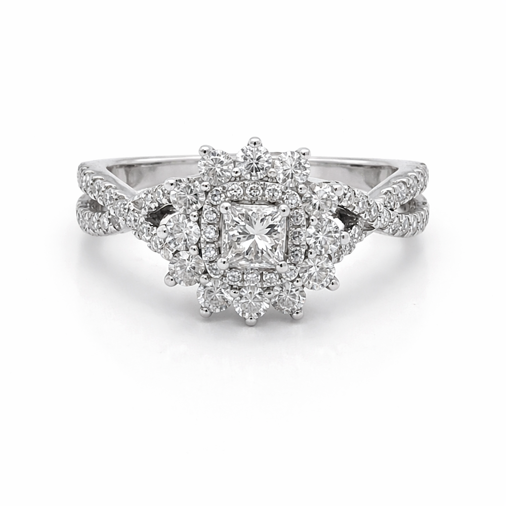14 Karat White 1.00tdw Princess Cut Solitaire With Halo Side Diamond Engagement Ring