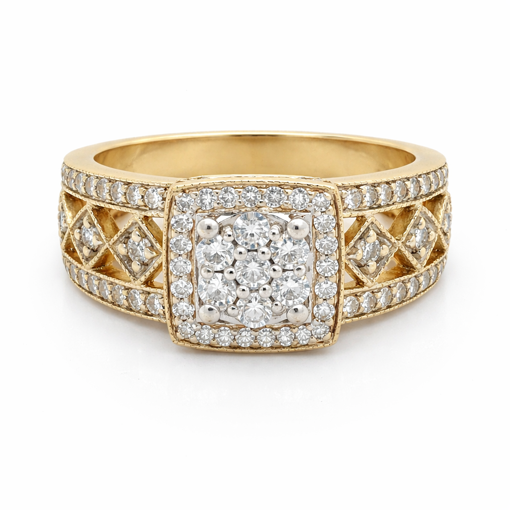 0.90 Ct TDW Diamond 14K Yellow And White Gold Special Halo Engagement Ring