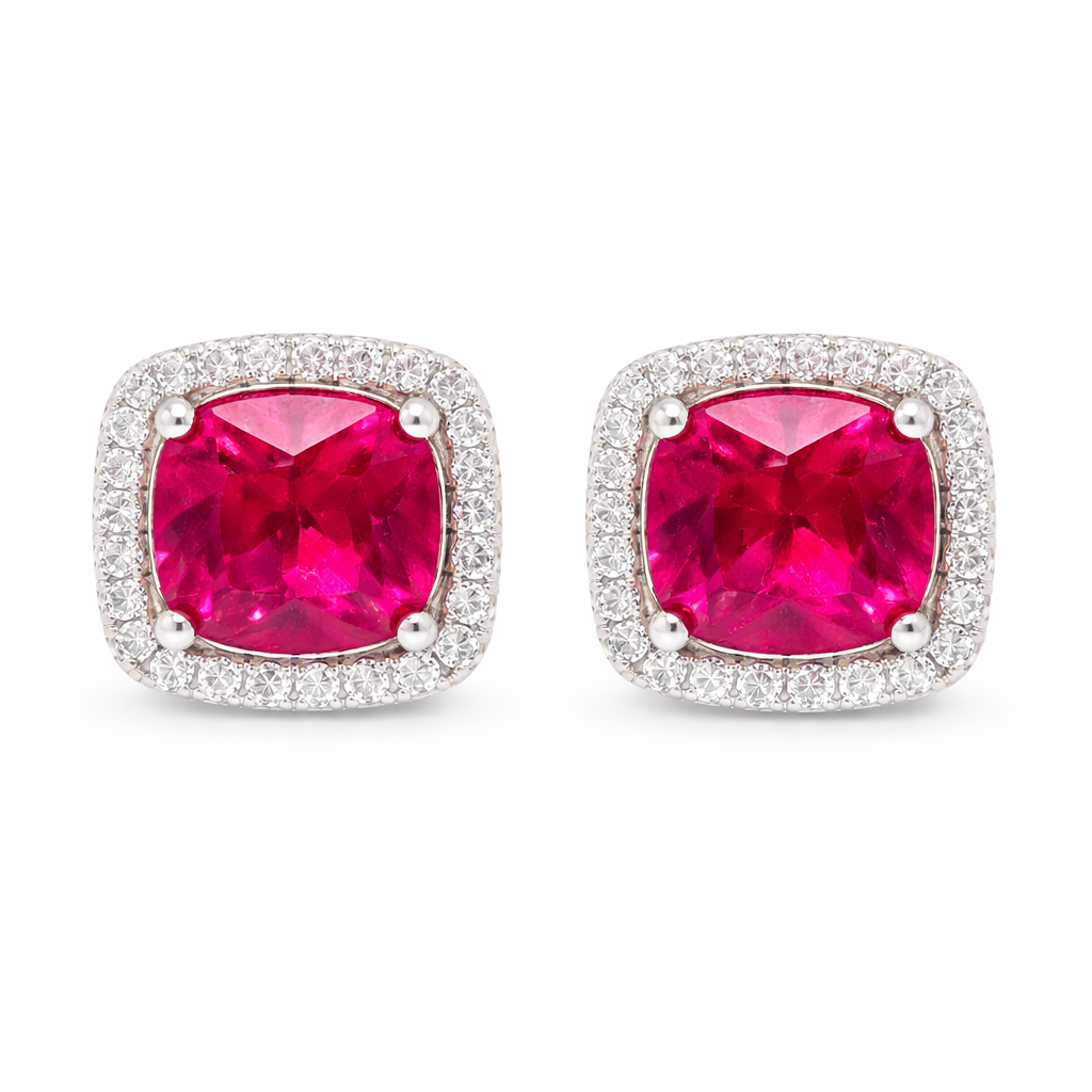 July Birthstone Ruby Color CZ Cushion Studs Earrings