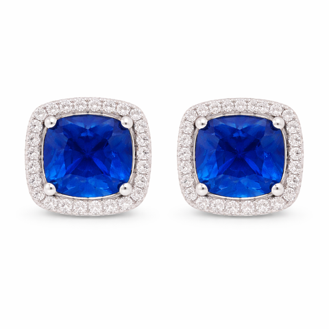 September Birthstone Sapphire Color CZ Cushion Earrings In Sterling Silver